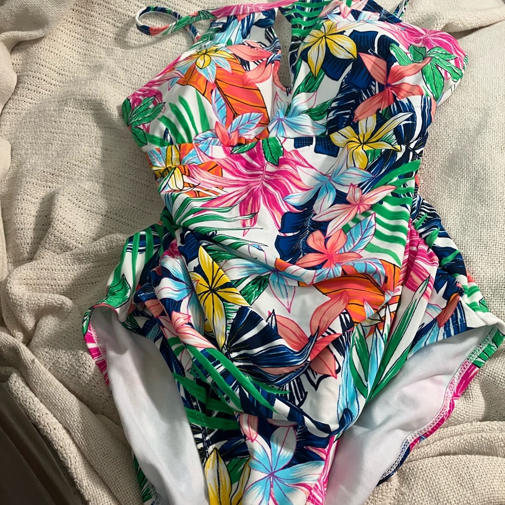 Ellen Tracy Hibiscus Halter One Piece Swimsuit